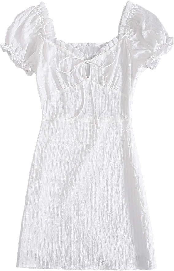 Floerns Women's Sweetheart Neck Puff Sleeve Ruch Frill Trim Tie Front Mini Dress | Amazon (US)
