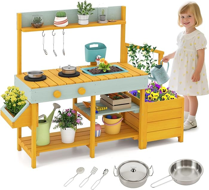 Costzon Mud Kitchen for Kids Outdoor, Mud Kitchen w/Removable Faucet, Water Sink, Stoves, Rotatio... | Amazon (US)