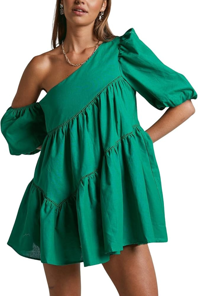 utcoco Womens 2024 Summer Bubble Dress Ruffle One Shoulder Cocktail Puff Sleeve Pleated Swing Sex... | Amazon (US)