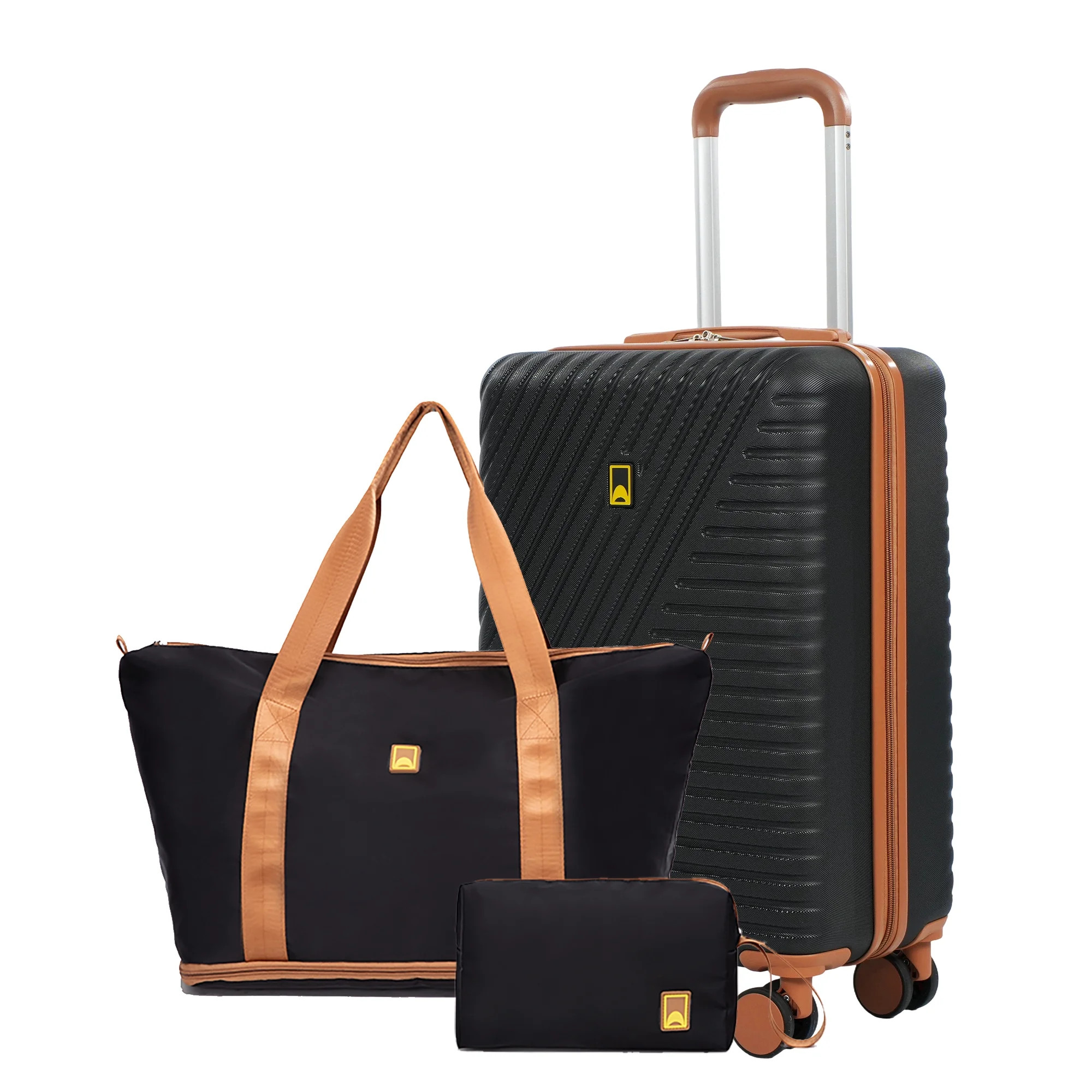 Landisun 3 Piece Carry-on Luggage Sets, Hardside Suitcase Set with Spinner Wheels, Portable Travel Bag and Toiletry Bag, Black | Walmart (US)