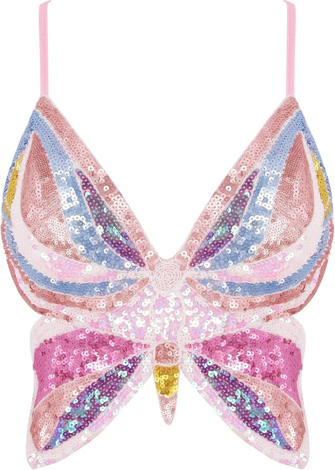 Womens Glitter Sequin Butterfly Crop Top Low-Cut Tank Top Rave Tube Vest Top for Belly Dance Cost... | Amazon (US)