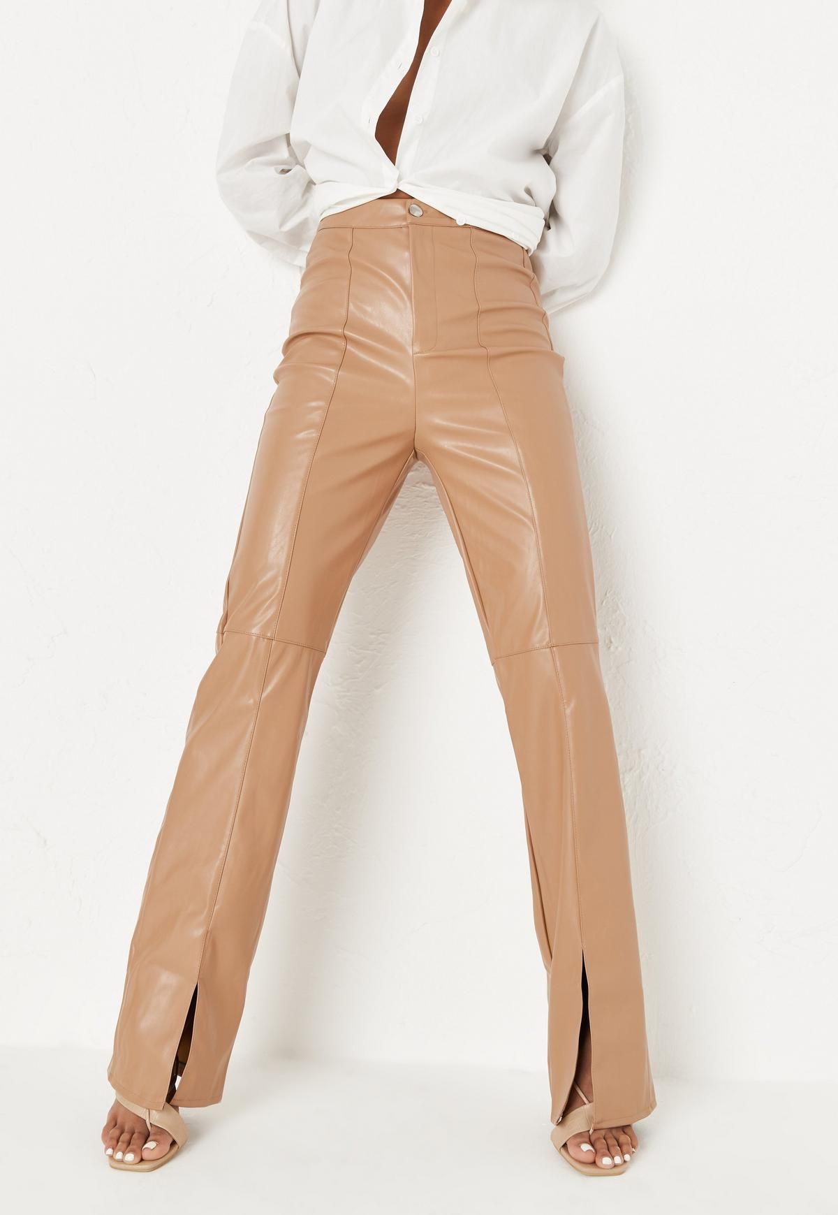 Missguided - Mocha Faux Leather Split Front Pants | Missguided (US & CA)