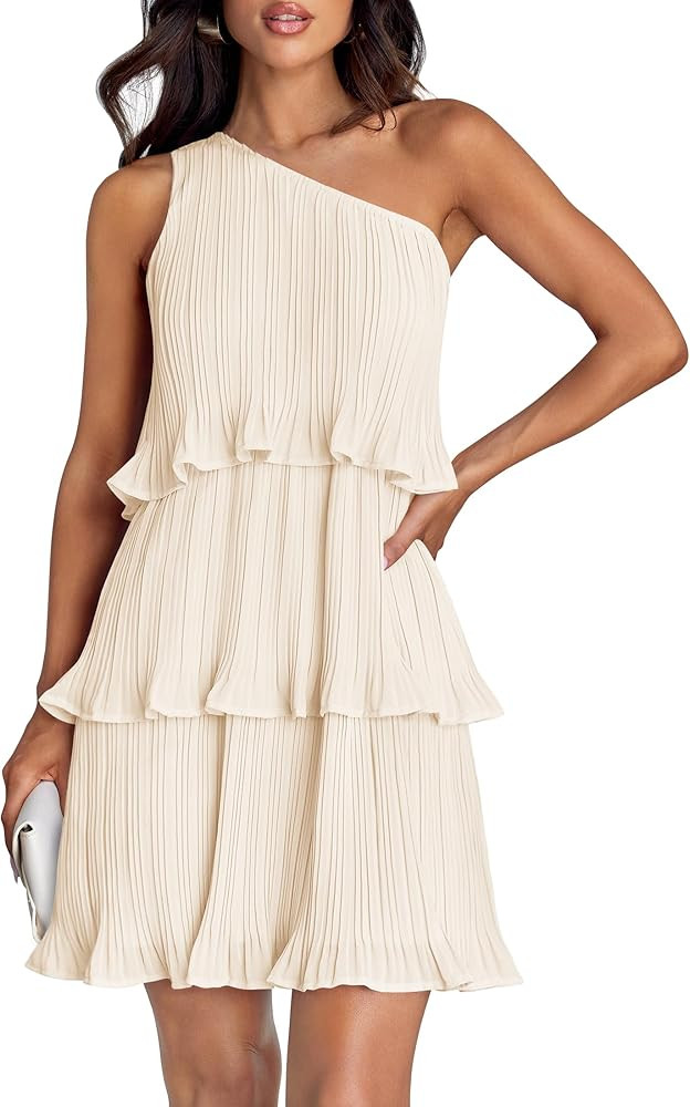 ZESICA Women's 2025 Summer Sleeveless Mini Dress Boho One Shoulder Ruffle Tiered Layered Chiffon ... | Amazon (US)