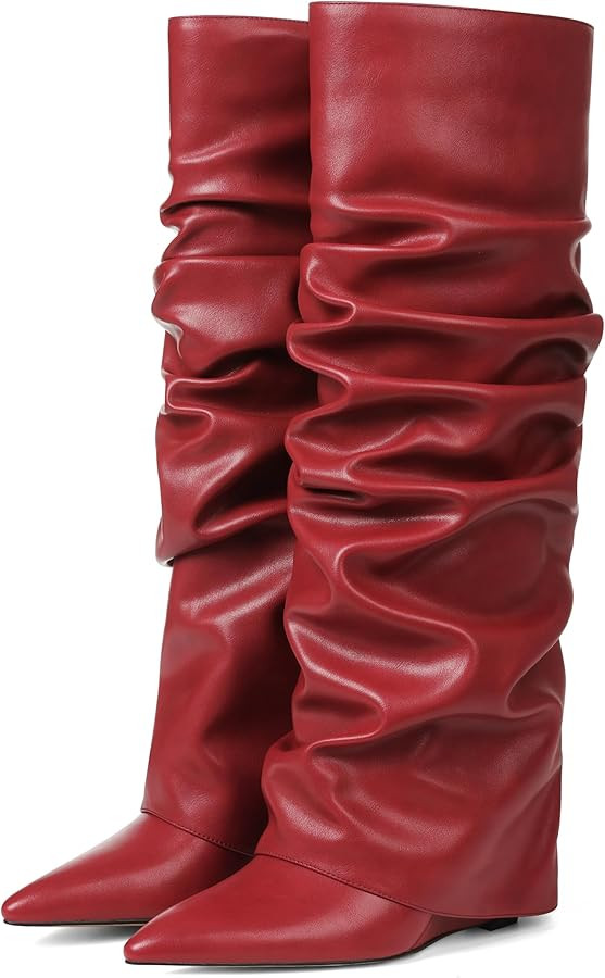 Oiamenne Women's Fold Over Boots Slouch Knee High Boots for Women Wedge Heel Pointed Toe Tall Boo... | Amazon (US)