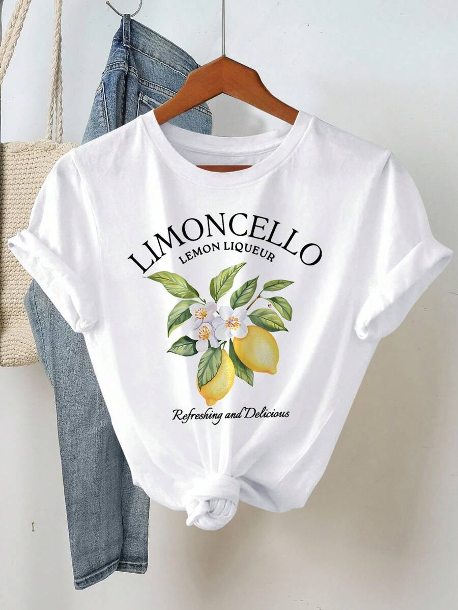 Women's Summer Letter Fruit Printed Round Neck Short Sleeve Casual T-Shirt LIMONCELLO LEMON LIQUE... | SHEIN