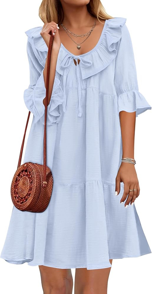 SAUKOLE Womens Summer Dress Casual Scoop Neck Half Sleeve Dress Trendy Loose Tie Front Ruffle Tie... | Amazon (US)