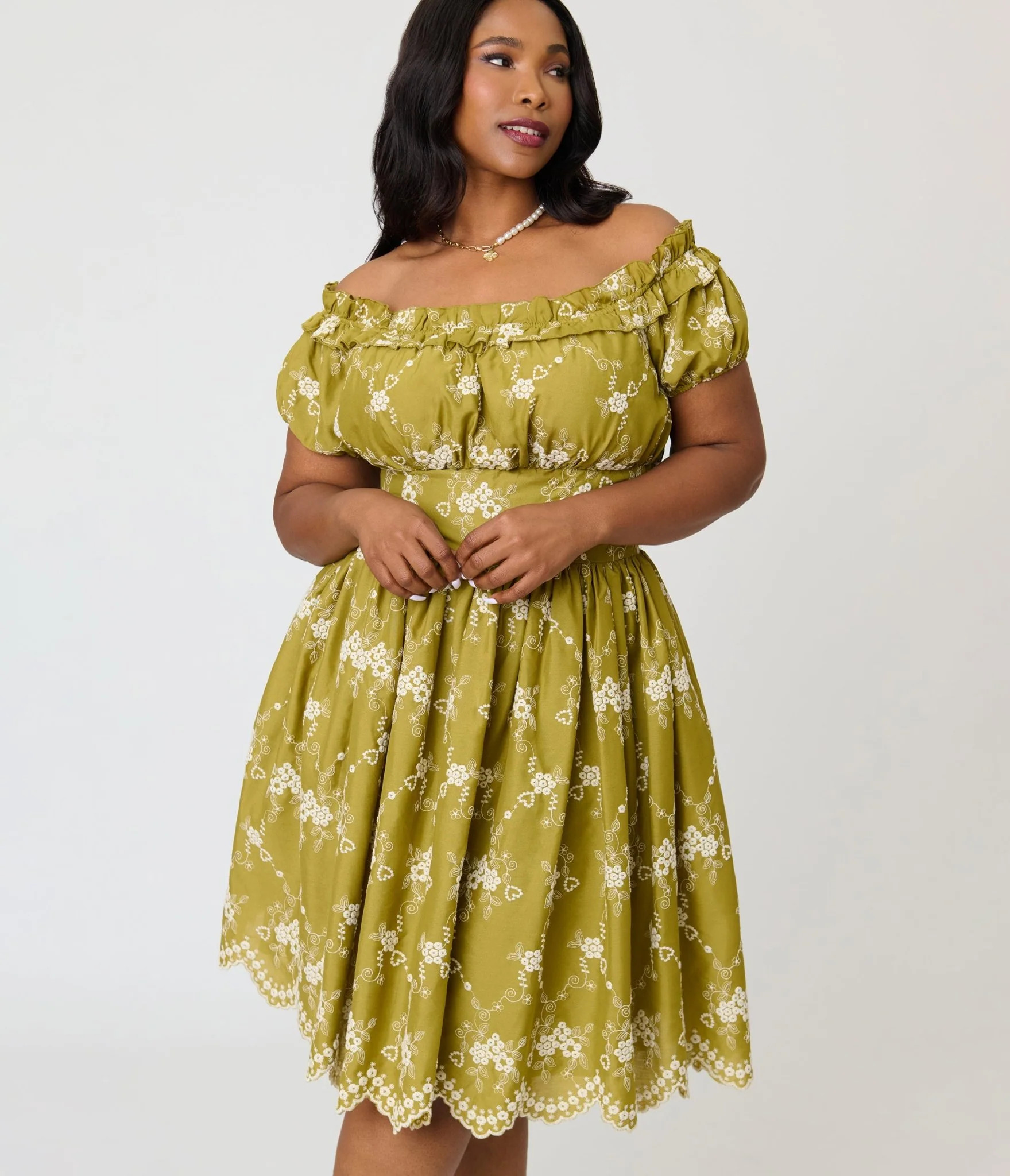 Unique Vintage Plus Size Chartreuse Eyelet Off The Shoulder Ruffle Swi | Unique Vintage - North America
