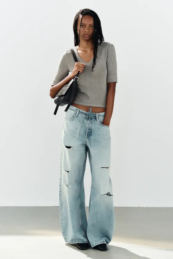 TRF MID-WAIST RIPPED BAGGY JEANS WITH BELT | Zara UK