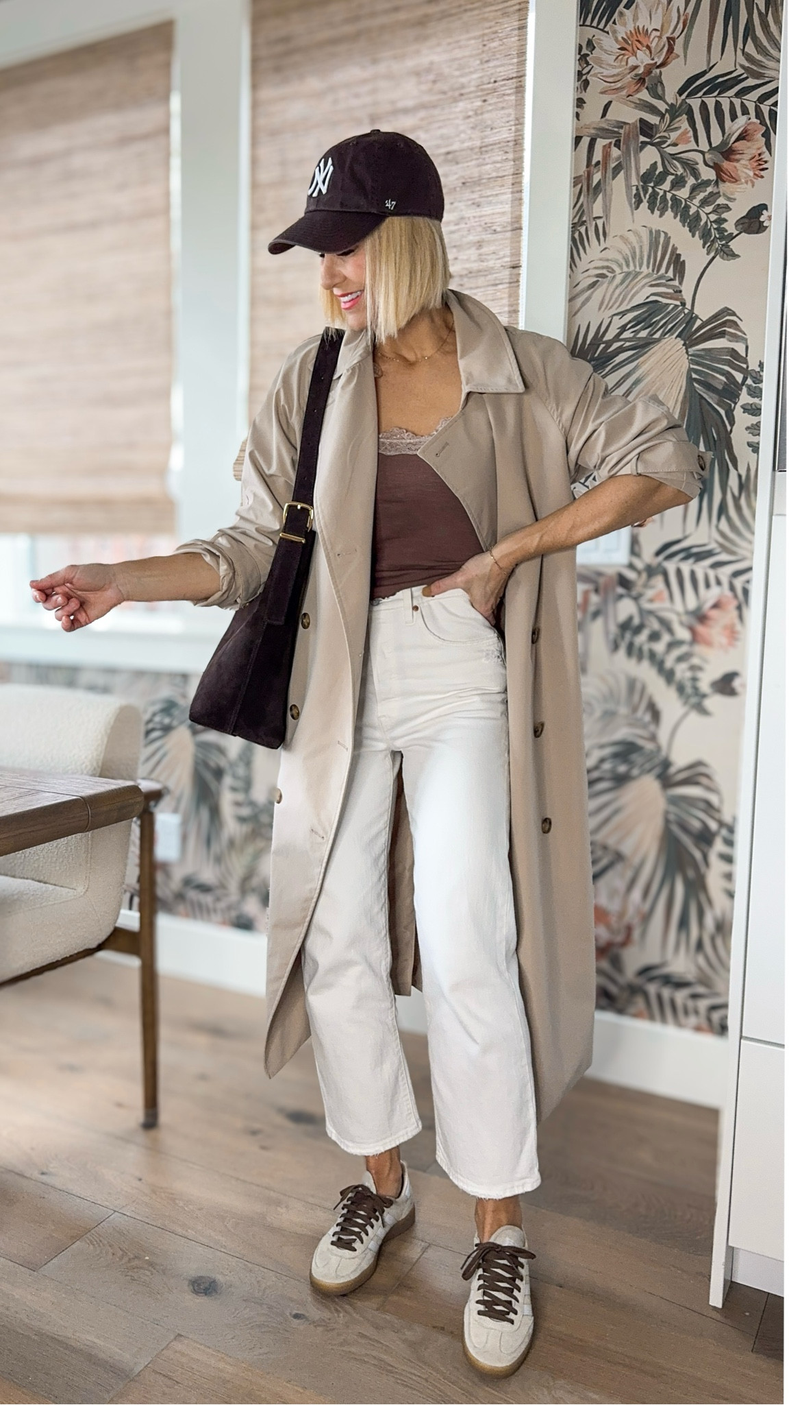 Simple, casual, neutral outfit idea. 
Sizing~
Trench: size down, wearing a small
Top: tts, wearing a medium
Jeans: these are the goat of white jeans👏🏽 not see-through, just enough stretch, and the perfect creamy white — not too yellow not too stark white.  I always suggest going up one size in white jeans.

*linked very similar adidas and NEW Ny hats. Linked similar & less expensive suede bag options too!

Winter outfit
Sneakers 

#LTKFindsUnder50 #LTKActive #LTKSeasonal