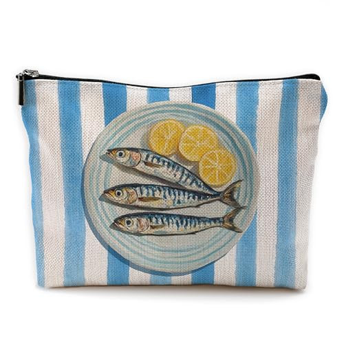 Yomisex Lemon Sardine Fish Beach Makeup Bag, Fish Lover Gifts, Coastal Beachy Cosmetic Bags Toiletry Bag, Blue Striped Sardine Seafood Nautical Striped Makeup Pouch | Amazon (US)