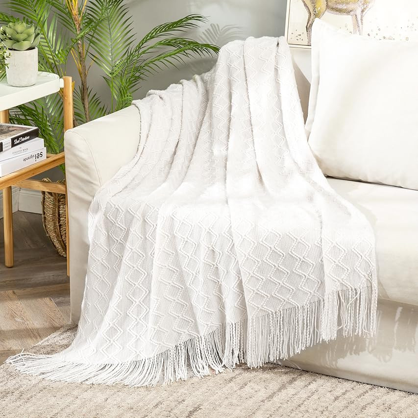 BOURINA Throw Blanket Textured Solid Soft for Sofa Couch Decorative Knitted Blanket, 50" x 60" Off W | Amazon (US)