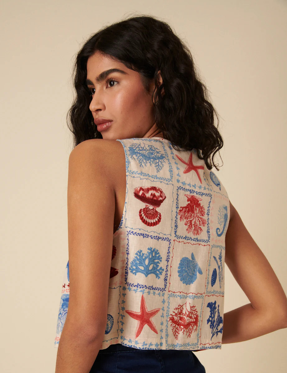 Cream Linen-blend Shell Print Tie Front Top | Nobody's Child