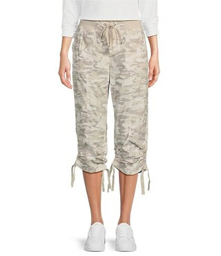 DKNY Sport by Donna Karan Peached Poplin Ribbed Waist Camo Print Convertible Cinched Cargo Capri ... | Dillard's
