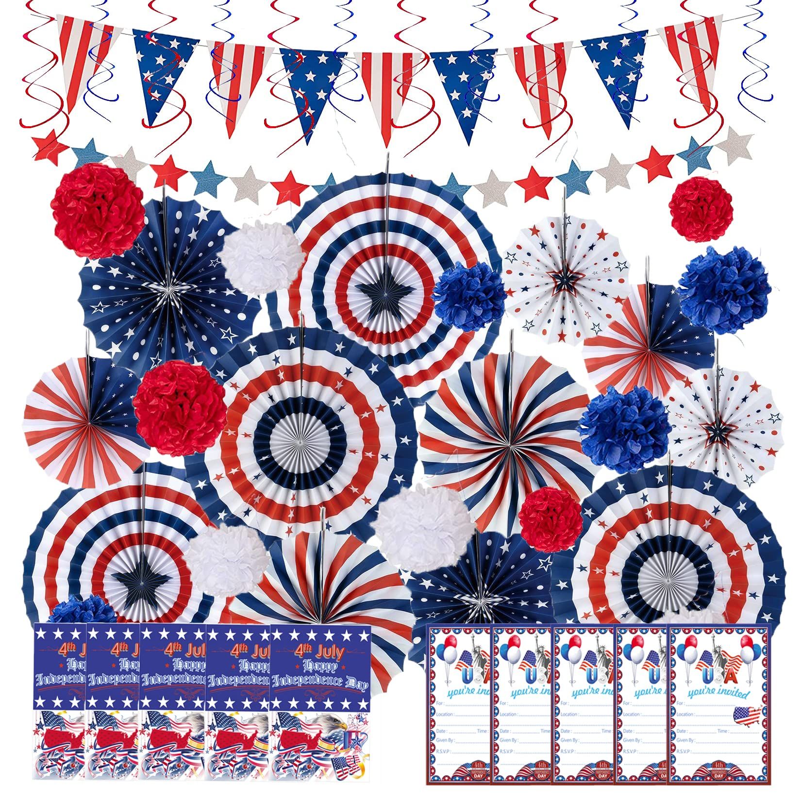 Amazon.com: 48 Pcs Patriotic Party Supplies of Paper Fans Star Banner Pennant Flower Ball for 4th of | Amazon (US)