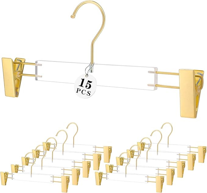 Besser 15 Pack Gold Clear Hangers,Acrylic Clothes Hangers,Skirt Dress Hanger with Gold Clips,Pant... | Amazon (US)