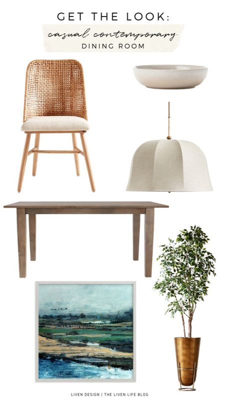 Casual contemporary dining room. coastal modern decor. Home decor. Interior design. rectangular dining table. woven modern dining chair. woven white pendant chandelier. stoneware serving bowl. Coastal art. Abstract painting. brass potted plant. Faux tree. 

#LTKsalealert #LTKSeasonal #LTKhome