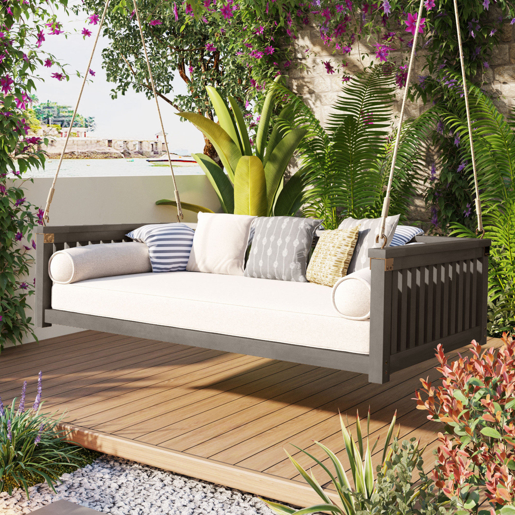 Jins & Vico Columpio de Porche de Madera de Acacia con Herrajes y Manual, Gris | Walmart (US)