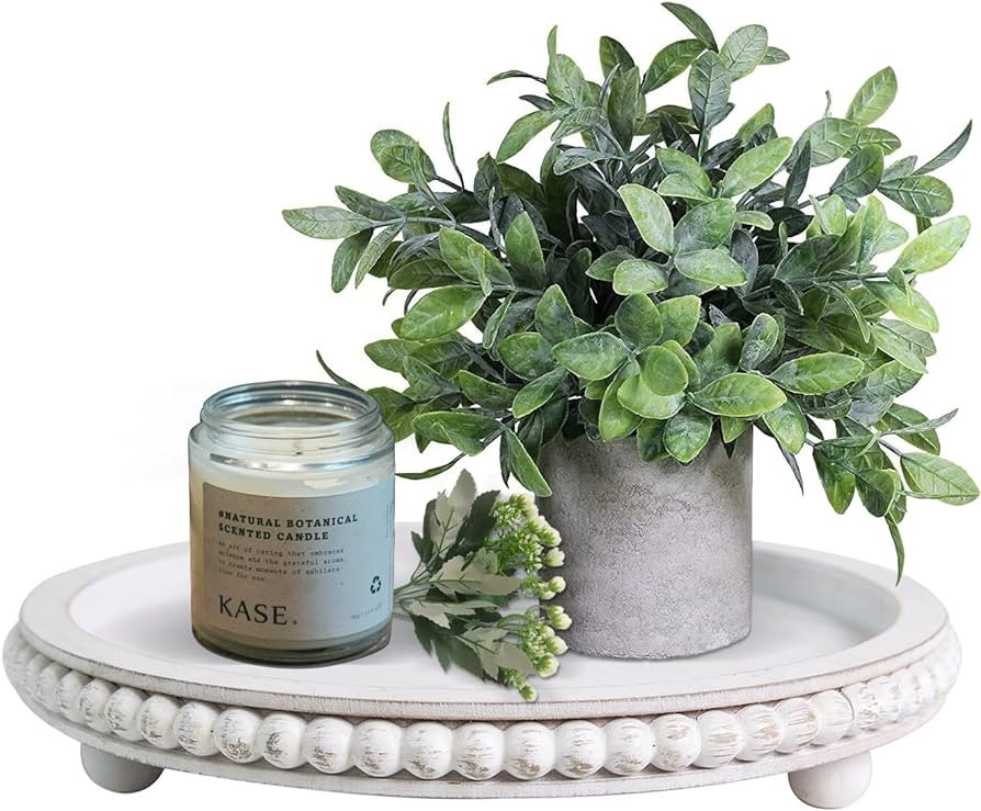 HPC Decor 12in Round Wood Tray - White, Distressed, Farmhouse Rustic - Decorative Tray for Living... | Amazon (US)