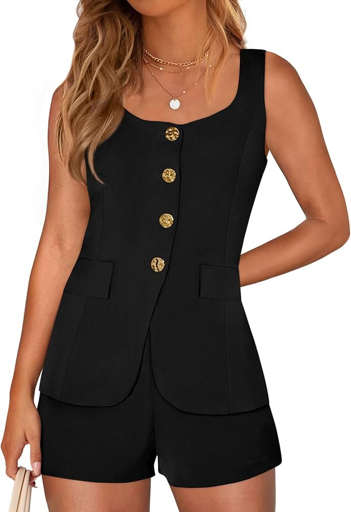 PRETTYGARDEN Womens 2 Piece Matching Sets 2026 Fashion Button Down Suit Vest Tops Shorts Set Spri... | Amazon (US)