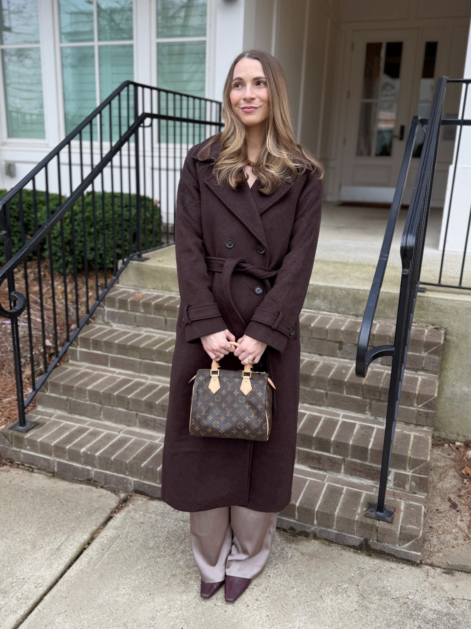 Winter outfit 
Chocolate wool trench coat - wearing size medium tall. 
Satin pants - medium tall. 
Sweater - small (runs oversized)

#LTKHoliday #LTKSeasonal #LTKTall