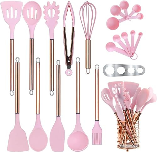 Arquiel Pink Kitchen Utensil Set with Holder, 22 Pcs Silicone Cooking Utensils Set for Nonstick Cookware, Heat Resistance Spatula Set, Stainless Steel Kitchen Gadgets Utensils Set, Gifts for Mom | Amazon (US)