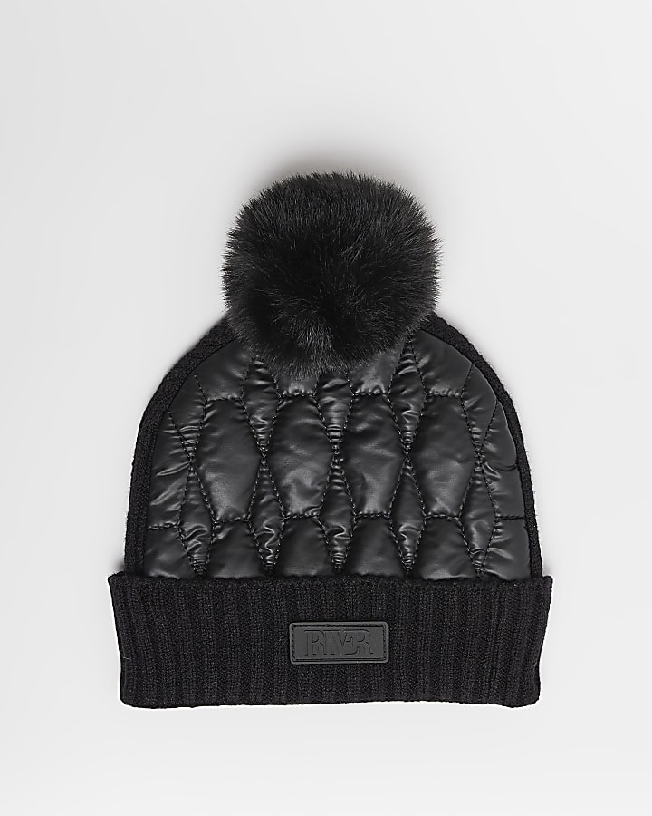 Mini boys Black Quilted pom pom Beanie hat | River Island (UK & IE)