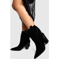 Womens Faux Suede Fringe Tassel Detail Heeled Western Ankle Boots - Black - 8, Black | Boohoo.com (UK & IE)