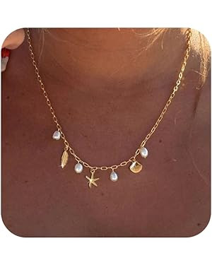 Charm Necklace for Women - Dainty Gold Paperclip Beach Charm Necklace Cute Shell Necklace Moon St... | Amazon (US)