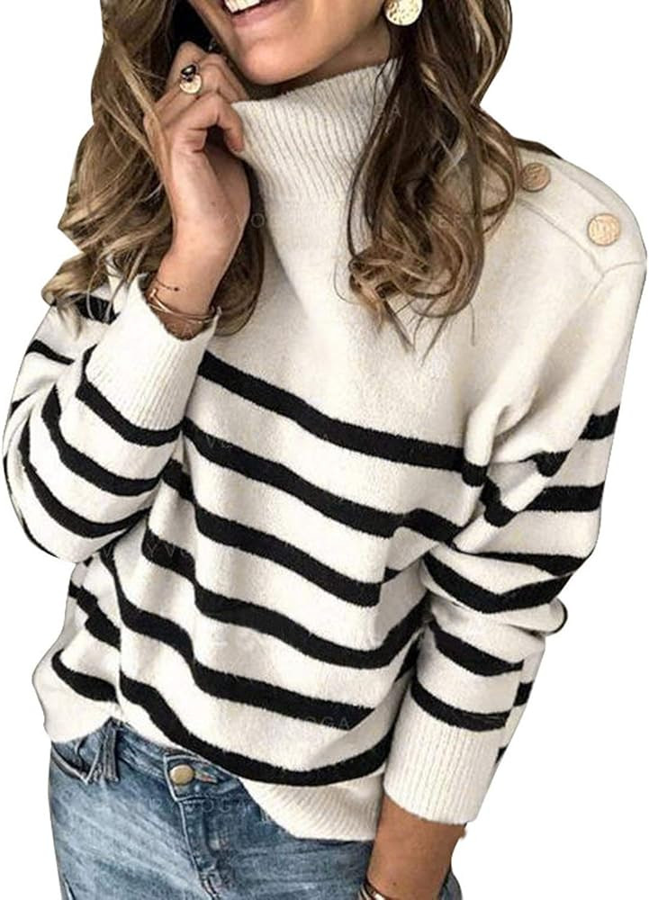 Asvivid Striped Turtleneck Button Knit Sweaters for Women Lightweight Long Sleeve Knit Pullover Jump | Amazon (US)