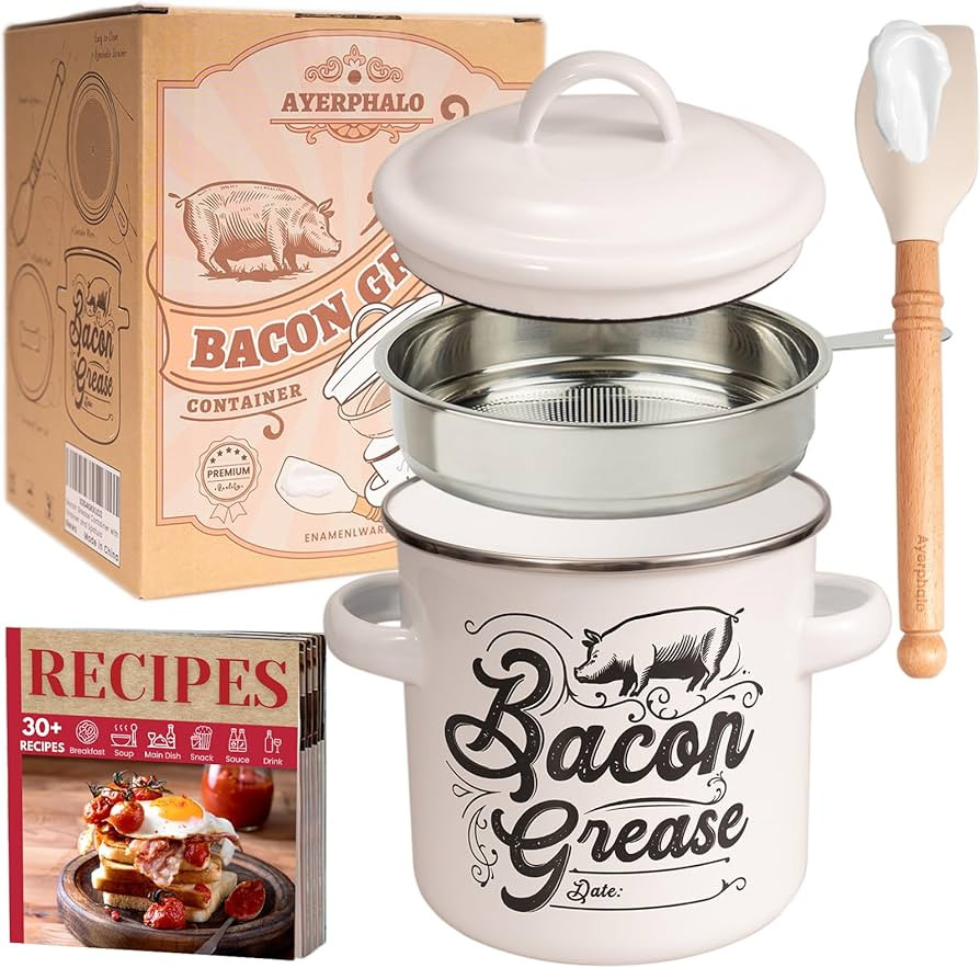 Bacon Grease Container with Strainer - 46OZ Large Capacity, With Silicone Wooden Spatula, Enamel ... | Amazon (US)