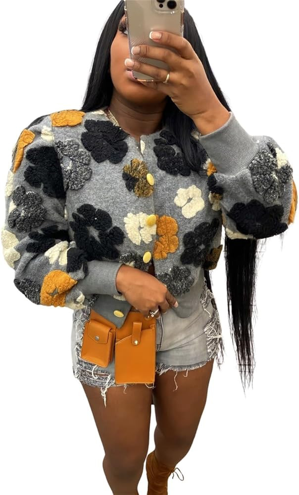 Women's 3D Flower Cropped Bomber Jacket Button Down Varsity Jackets | Amazon (US)