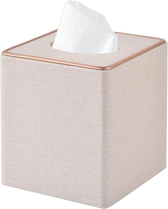 Linen Square Tissue Box Cover,Cube Tissue Box Holder－Excellent Rosegold Leather Decoration,Tabl... | Amazon (US)