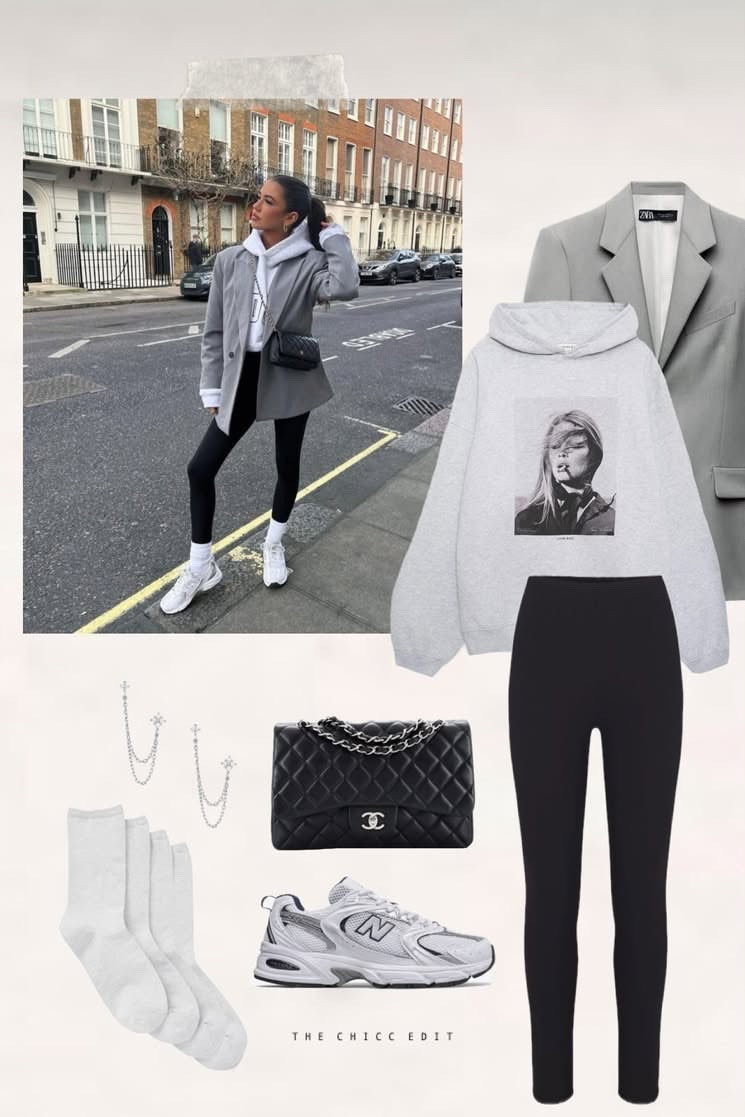 Shop the look 🖤

#outfit #ootd #newbalance #chanel #swearshirt blazer leggings socks earrings 

#LTKOver40 #LTKActive #LTKootd