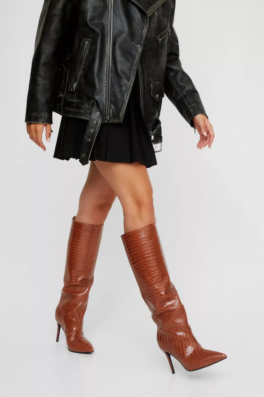 Faux Leather Croc Pointed Toe Knee High Boot | Nasty Gal US