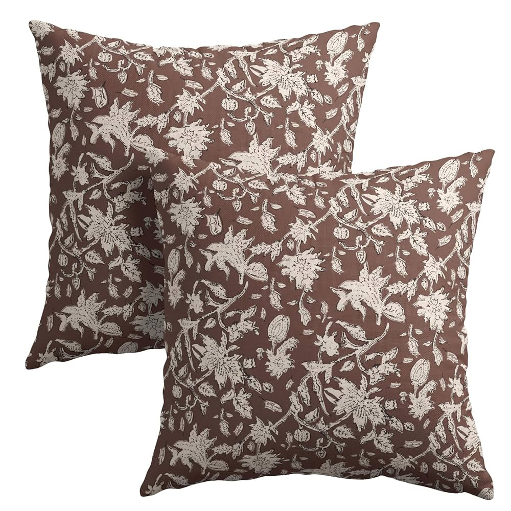 Reddish Brown Floral Block Print Throw Pillow Covers 20x20 Inch Set of 2 Vintage Boho Cottage Spr... | Amazon (US)