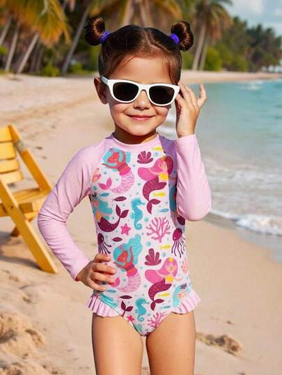 Young Girls Cute Shell & Mermaid Print Beach Swimwear, Casual & Versatile For Daily Wear | SHEIN