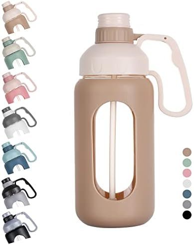 Amazon.com: MUKOKO 42oz Glass Water Bottle with Straw, Motivational Water Bottle with Silicone Sl... | Amazon (US)