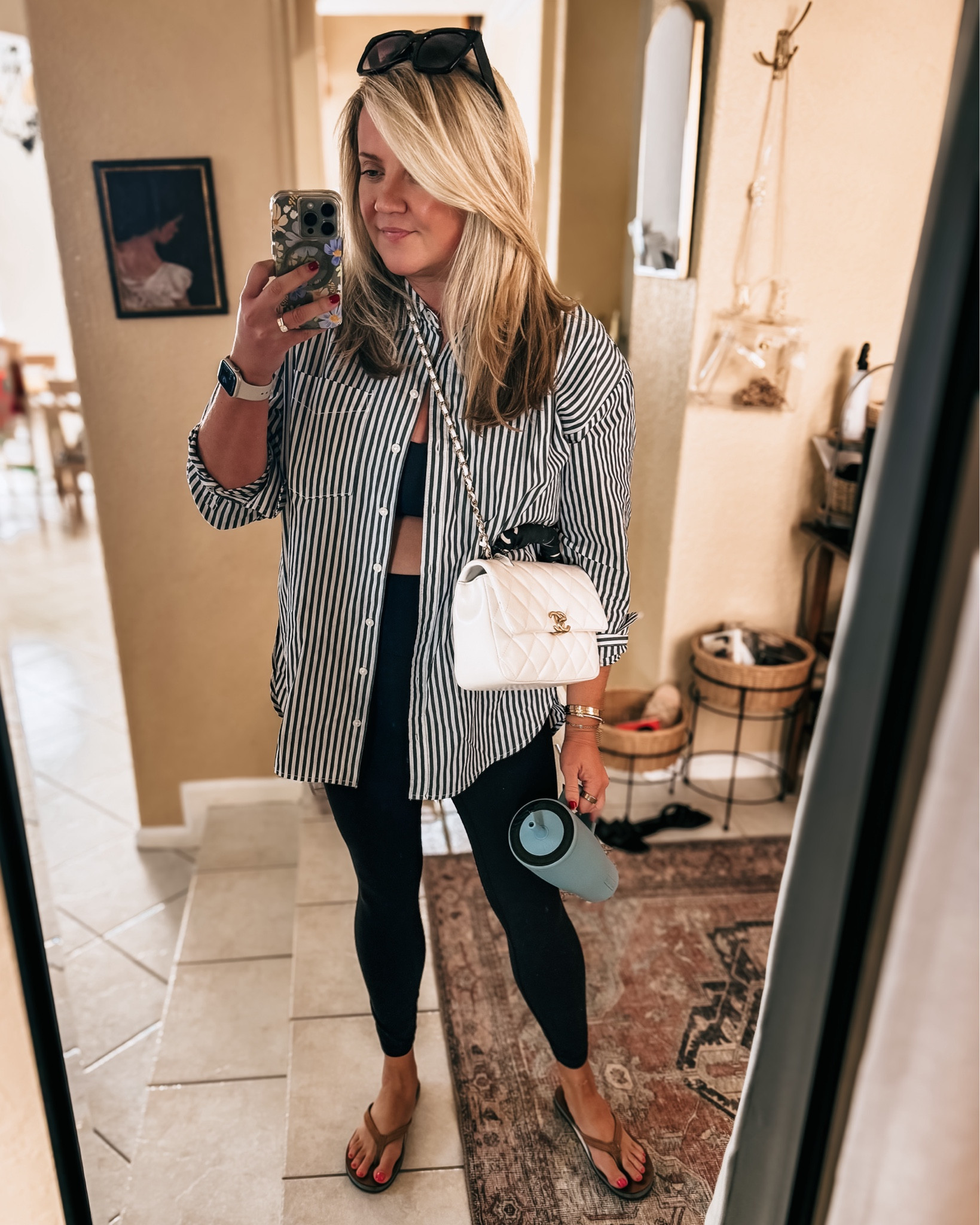 Daily Look | Anthropologie Bennett Buttondown, Target Sports Bra, Lululemon Align Leggings, Rainbow sandals, Chanel bag, oversized sunglasses, Brumate Era 40 oz

#LTKMidsize #LTKFindsUnder100 #LTKStyleTip