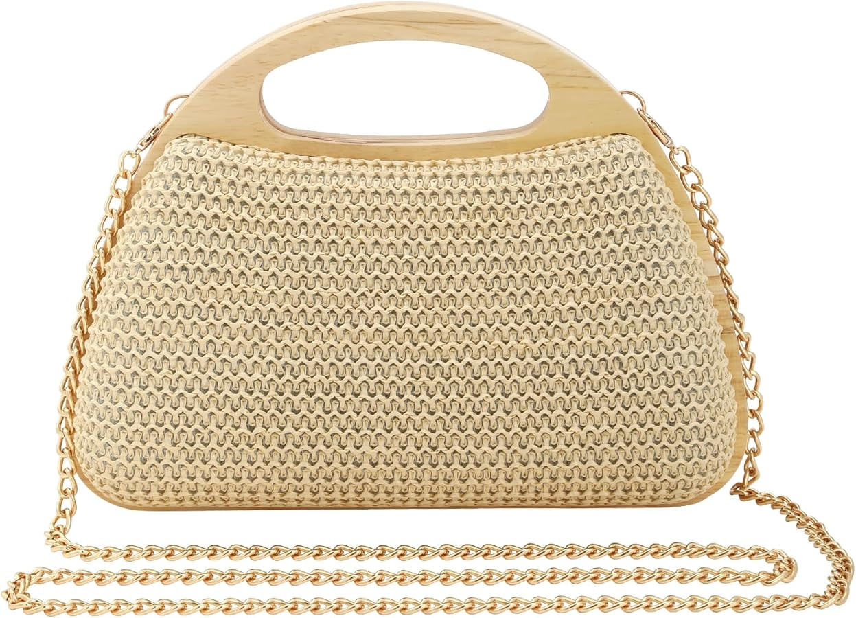Women's Straw Clutch Handbags Crossbody Summer Purse Wooden Top handle Evening Bag for Wedding Pa... | Amazon (US)