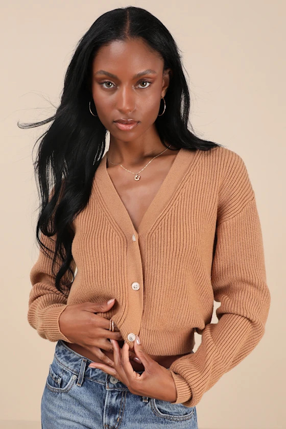 Toasty Babe Tan Knit Button-Up Cropped Cardigan | Lulus