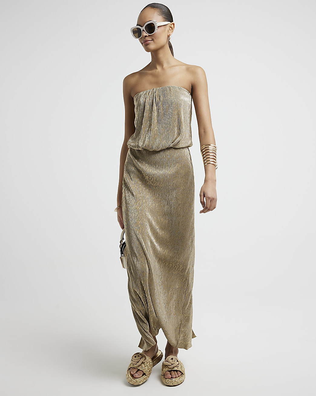 Gold plisse glitter maxi skirt | River Island (UK & IE)
