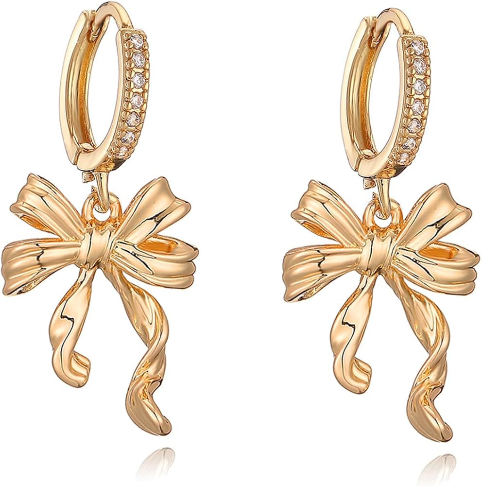 Gold Bow Earrings for Women Pearl Bows Hoop Earring Coquette Ribbon Bowknot Huggie Earring Cute S... | Amazon (US)