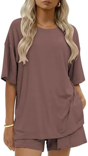 Ekouaer Womens 100% Cotton 2 Pieces Short Sets Summer Short Sleeve Outfits Casual Matching Lounge... | Amazon (US)