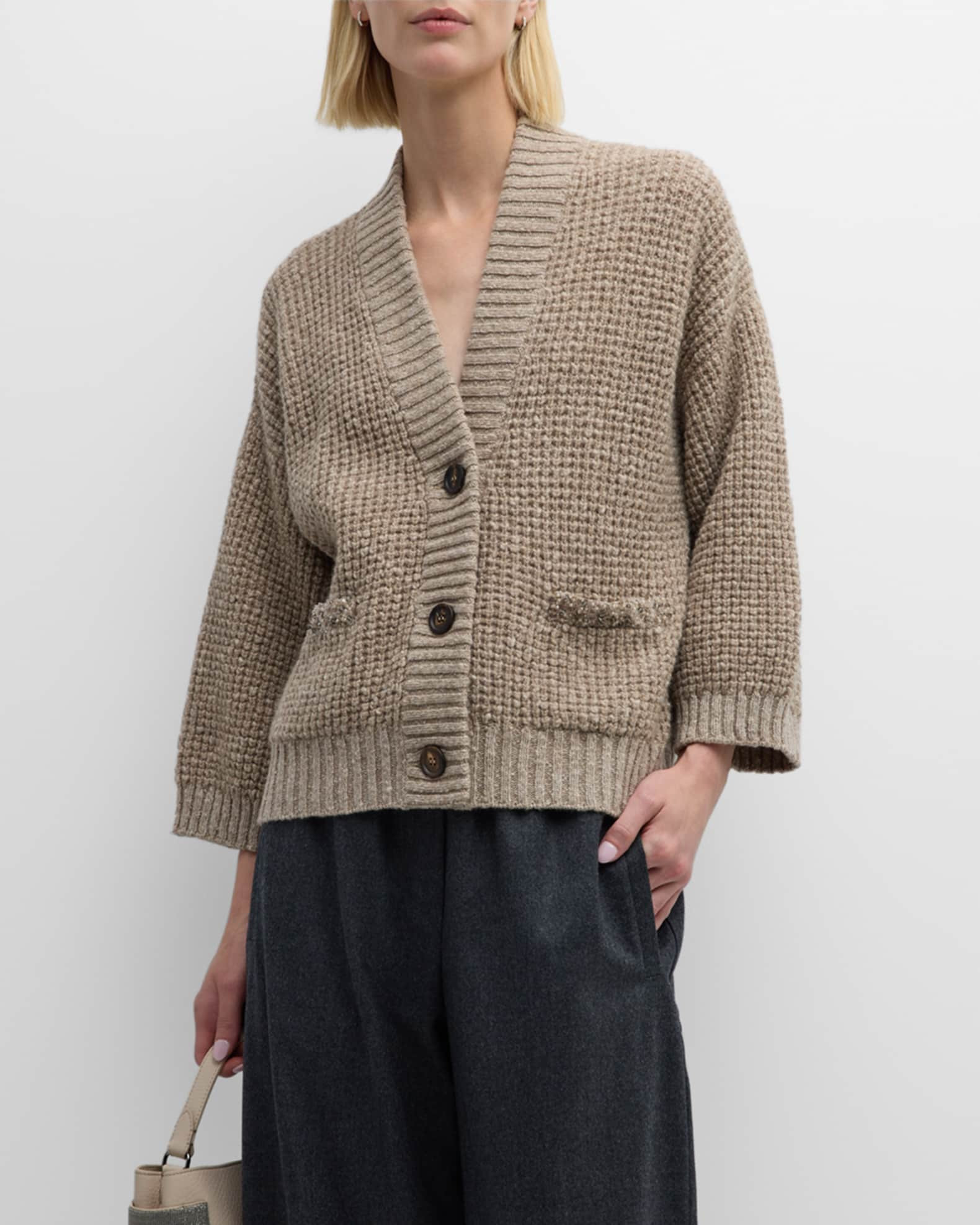 Brunello Cucinelli Woolcash Waffle-Stitch Cardigan with Sequin Embellishments | Neiman Marcus