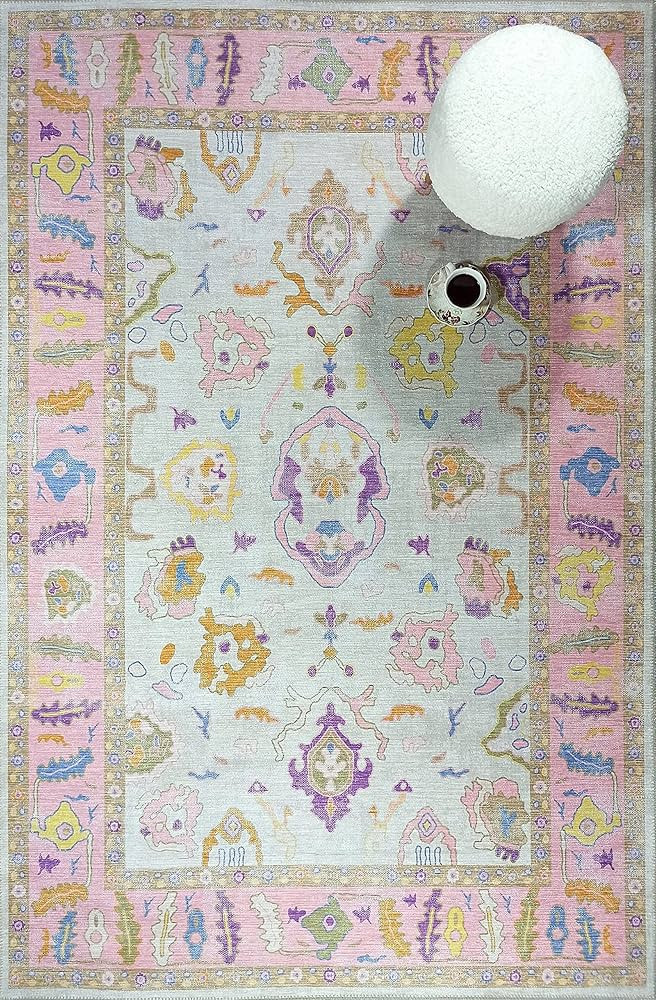 Modern Oushak Rug, Pink Bordered Vintage Turkish Pastel Colorful Oriental Inspired Area Rugs, Luxury | Amazon (US)