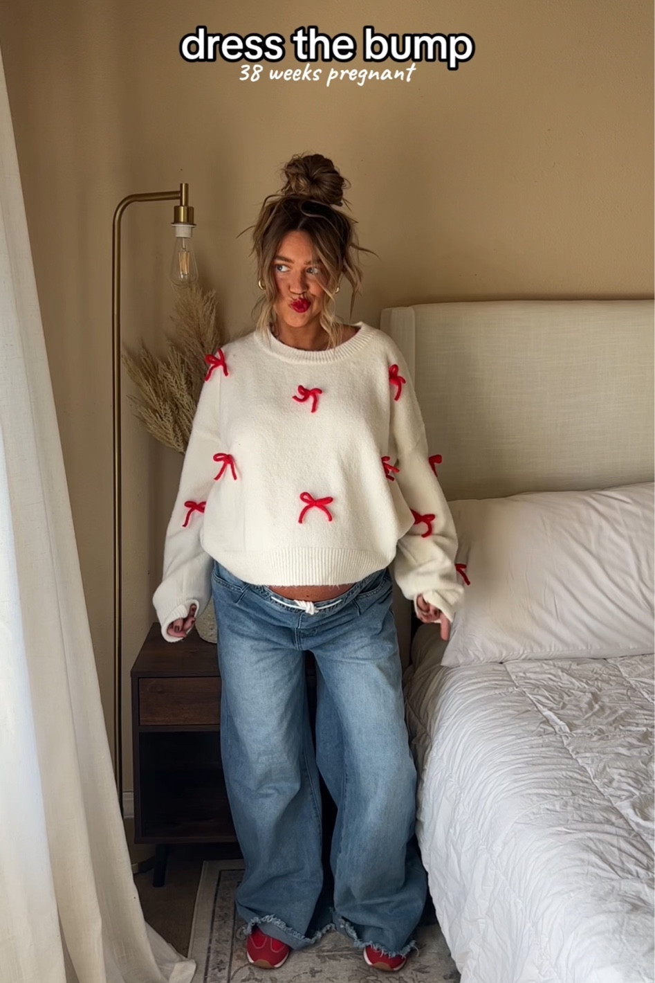 #pregnancystyle #sweater #bowsweater #hairbows #valentinesdayinspo #baggyjeans #drawstringjeans #valentinesday #bumpstyle #pregnant 

#LTKbump #LTKbaby #LTKfamily