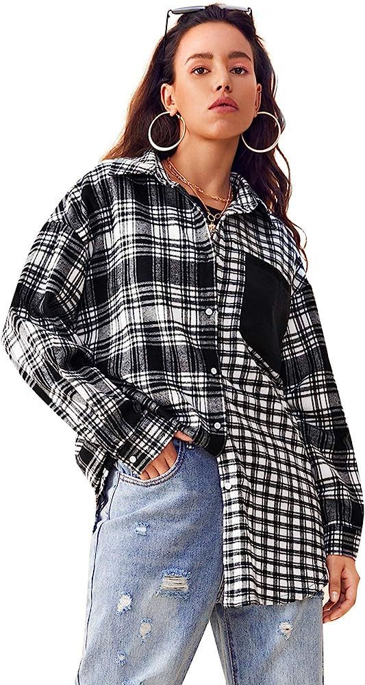 SweatyRocks Women's Long Sleeve Collar Long Button Down Plaid Shirt Blouse Tops | Amazon (US)