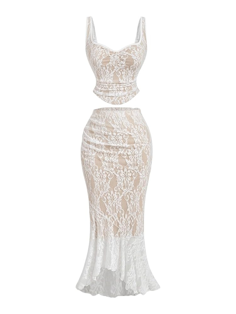 SOLY HUX Women's Floral Lace Skirt Set 2 Piece Sleeveless Top and Bodycon Fishtail Skirts Summer ... | Amazon (US)