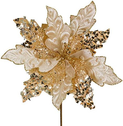12 PCS Champagne Gold Christmas Glitter Flowers Christmas Flower Christmas Artificial Flowers Chr... | Amazon (US)