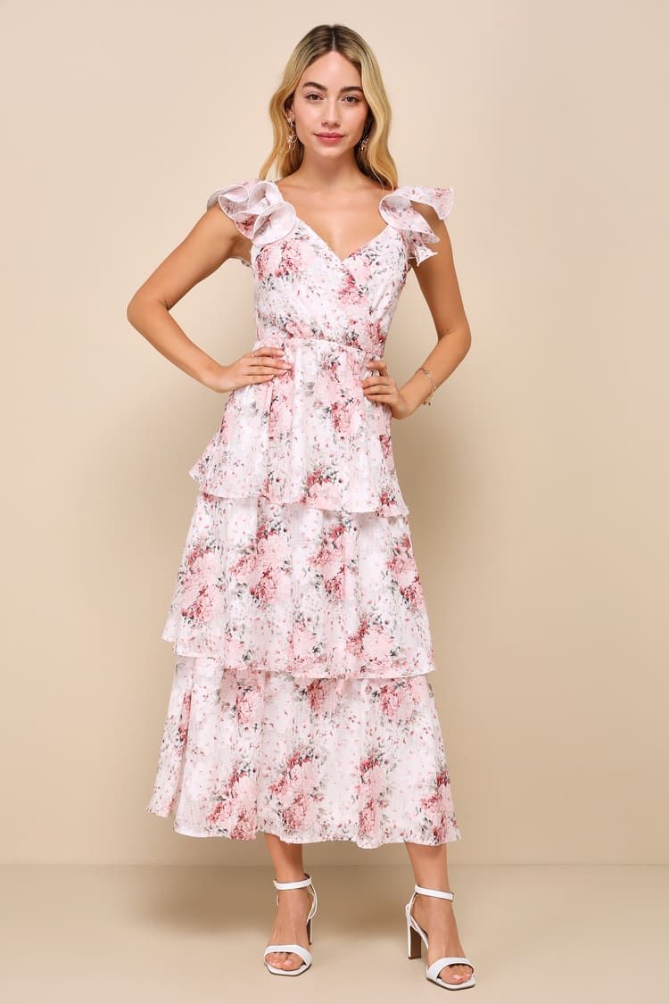Adorable Direction Ivory Floral Burnout Tiered Midi Dress | Lulus